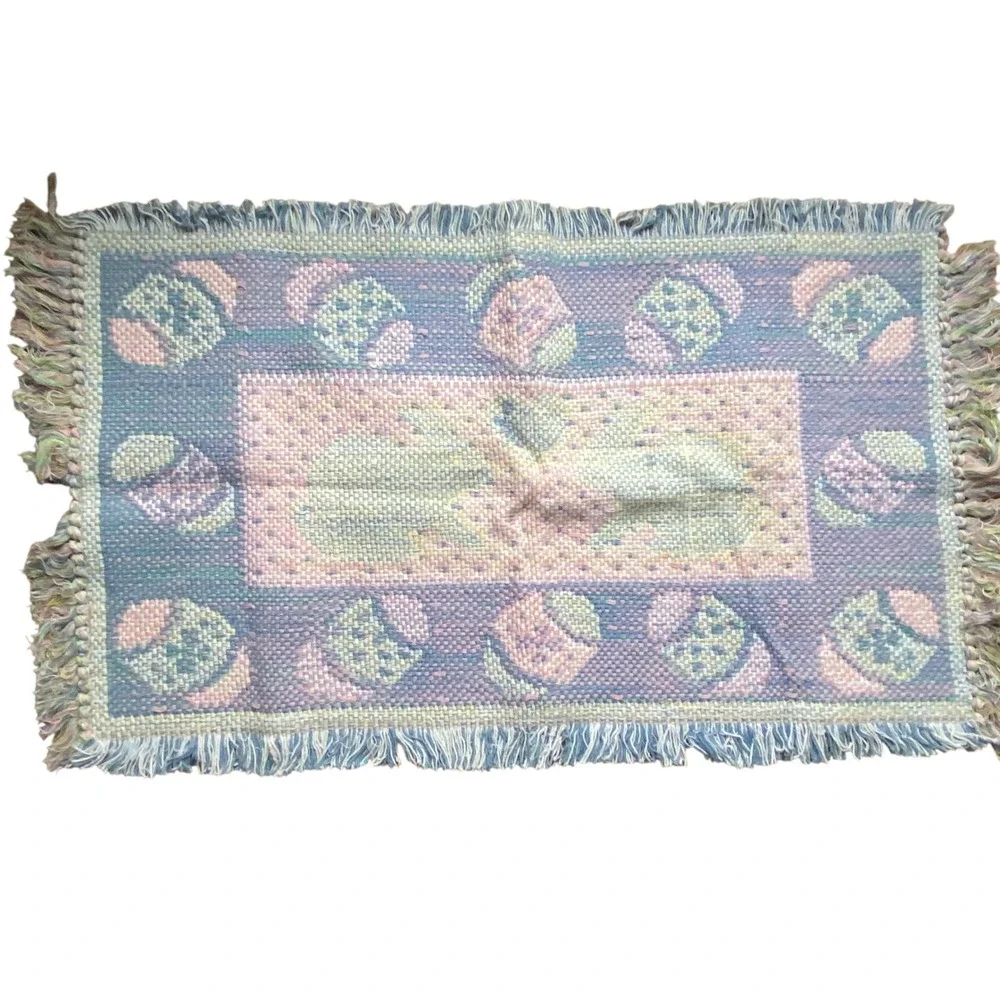Vintage Easter Bunny Woven Tapestry Rug Tablecloth Pastel Pink Blue‎ Fringed Mat